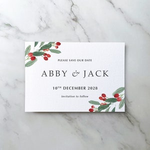 Christmas Wedding Invitation, Winter Wedding Invitations, Luxury Trifold Wedding Invitations & Save the Date. Holly, berries, xmas image 2