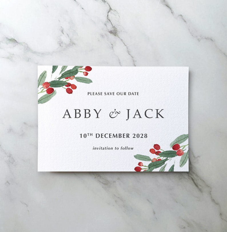 Christmas Wedding Invitation, Winter Wedding Invitations, Luxury Trifold Wedding Invitations & Save the Date. Holly, berries, xmas image 2