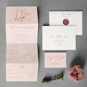 Elegant Classic - Concertina Wedding Invitations and Save the Date or change the date. Blush pink wedding invites with classy calligraphy