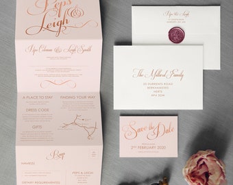 Clásico elegante: invitaciones de boda en acordeón y guarde la fecha o cambie la fecha. Invitaciones de boda rosa rubor con caligrafía elegante