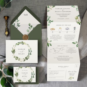 White Floral & Greenery. Luxury Wedding Invitation. Greenery Wedding Invites with white flowers. Eucalyptus, Gypsophila, twine image 1