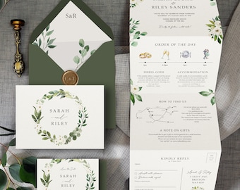 Weiße Blumen und Grün. Luxuriöse Hochzeitseinladung. Grüne Hochzeitseinladungen mit weißen Blumen. Eukalyptus, Gypsophila, Schnur