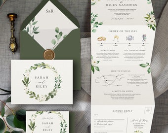 Floral blanc et verdure. Faire-part de mariage de luxe. Invitations de mariage de verdure avec des fleurs blanches. Eucalyptus, Gypsophile