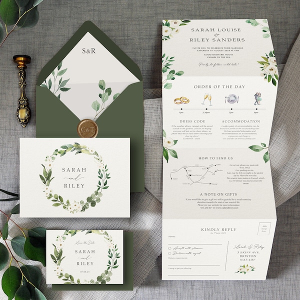 White Floral & Greenery. Luxury Wedding Invitation. Greenery Wedding Invites with white flowers. Eucalyptus, Gypsophila, twine