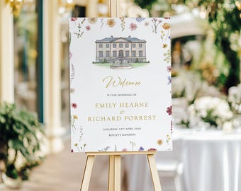 Custom Venue Illustration Wedding Welcome Sign, Floral Details