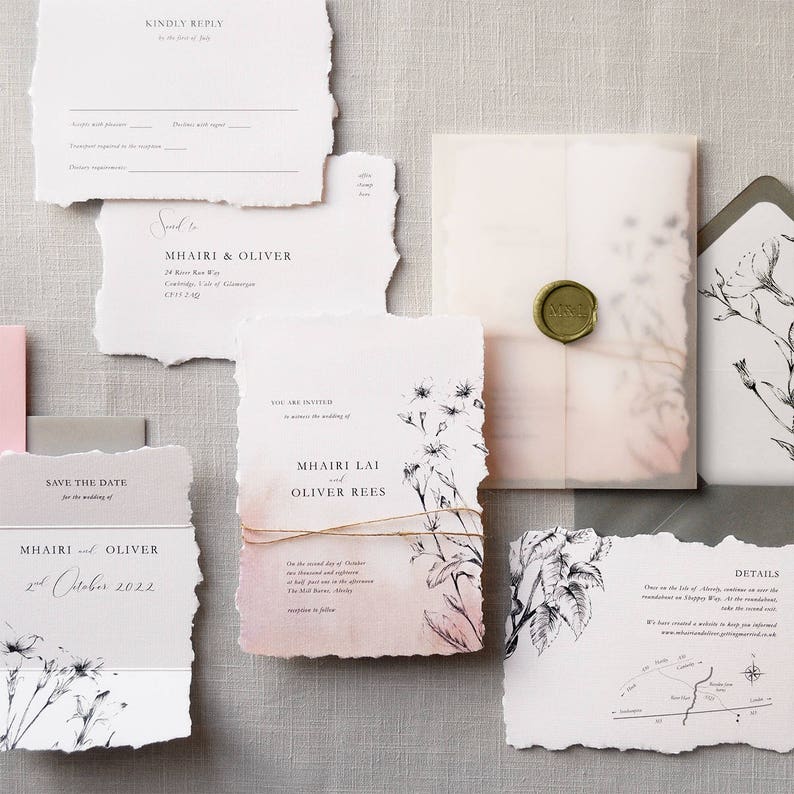 Daydream - Luxury Wedding Invitation set & Save the Date. Torn edge, twine, vellum wrap, wax seal, British Wildflowers. Wedding invites 