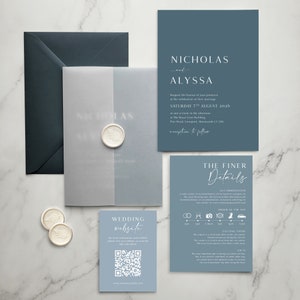 Tonal Blue Hochzeitseinladung - Dusty Blue Einladungsset. Grau-Blau.  Taubenblau. Tonale Einladung. Mit Velourband