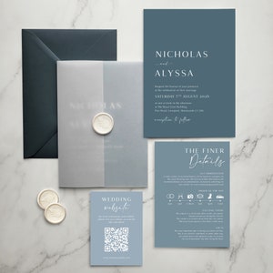 Tonal Blue Wedding Invitation - Dusty Blue invitation set. Grey Blue.  Powder Blue. Tonal invitation. With velum wrap