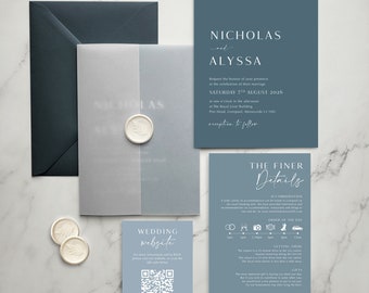 Tonal Blue Wedding Invitation - Dusty Blue invitation set. Grey Blue.  Powder Blue. Tonal invitation. With velum wrap