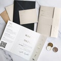 Wedding Invitations Harper Gatefold - Shimmer Folding Gold Foil invite with timeline. Vellum Bellyband wrap Beige/Neutral wedding invitation