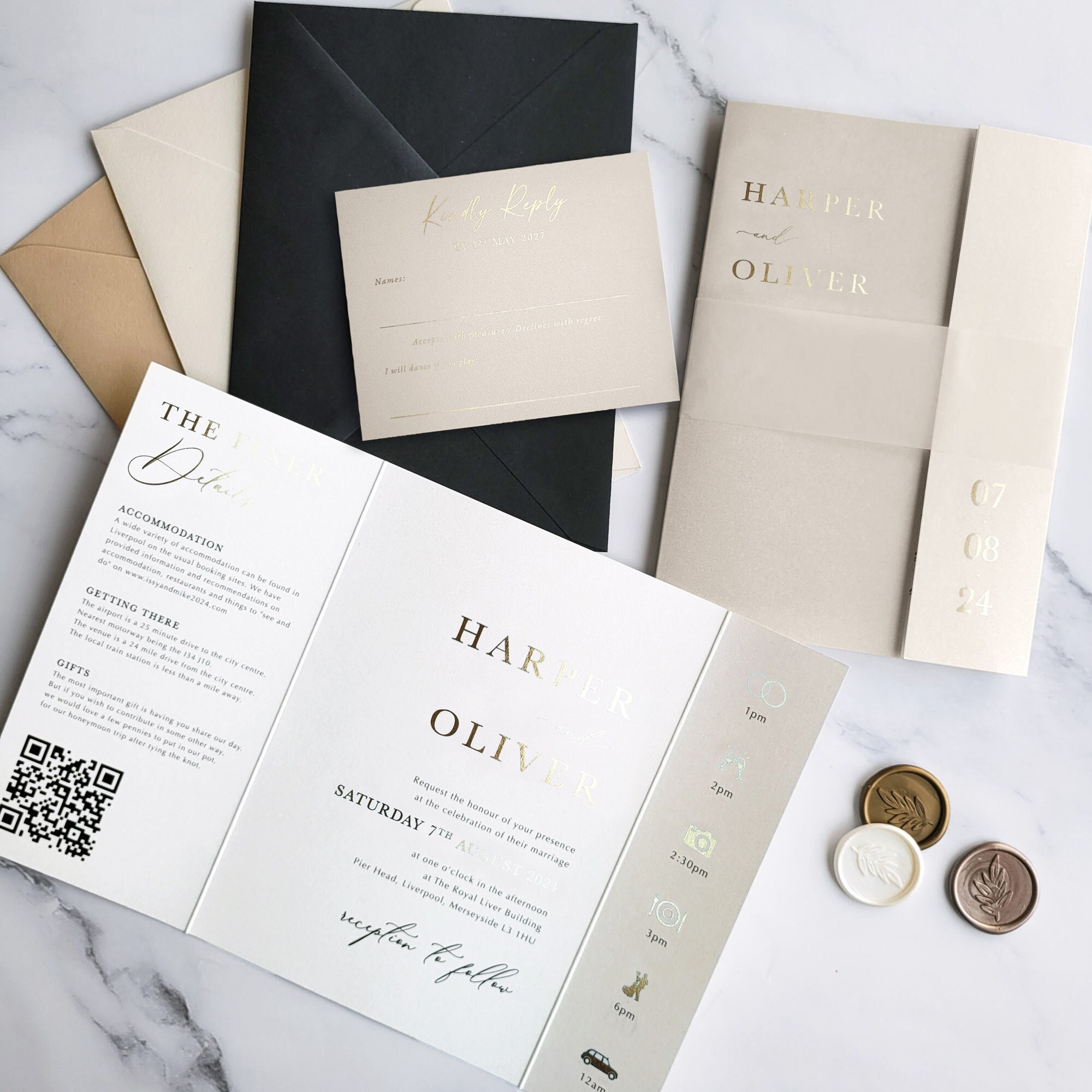Wedding Invitations Harper Gatefold - Shimmer Folding Gold Foil invite with timeline. Vellum Bellyband wrap Beige/Neutral wedding invitation