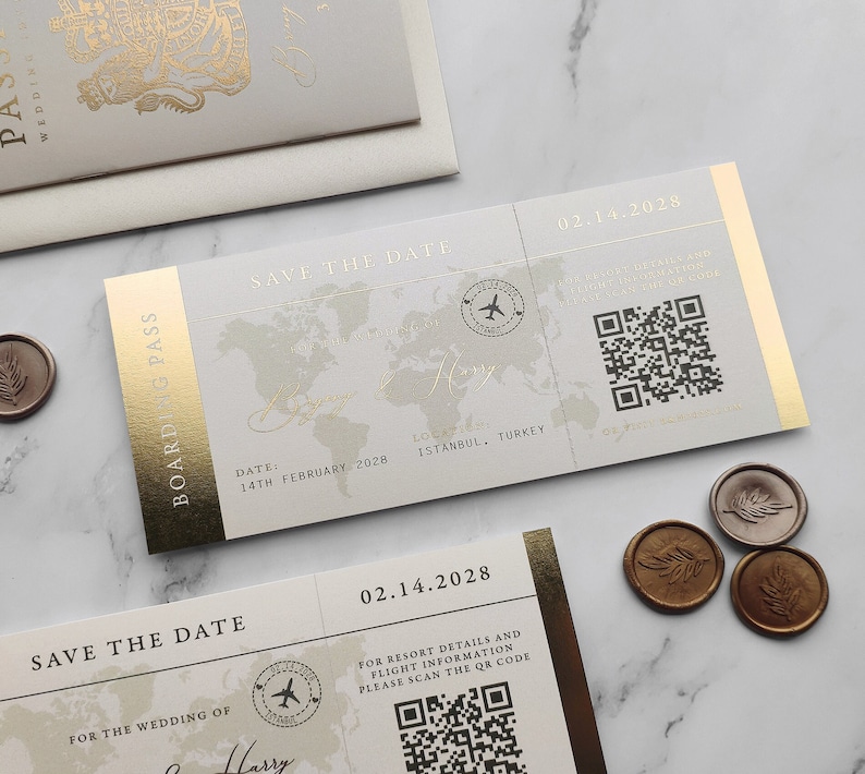 Boarding Pass Save the Date Wedding invitation Destination Wedding Travel Wedding Plane Ticket Invite Passport Shiny foil on pearlised card image 1