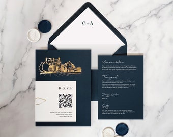 Gabriella Wedding Invitation with venue illustration. Dark Navy Blue, Gold Foil White text. Gold teardrop paperclip. Details card, QR RSVP