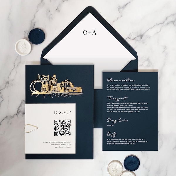 Gabriella Wedding Invitation with venue illustration. Dark Navy Blue, Gold Foil White text. Gold teardrop paperclip. Details card, QR RSVP