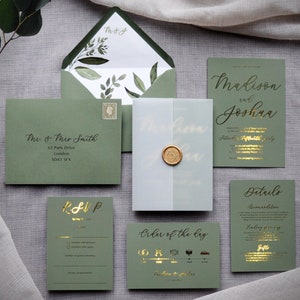 Wedding Invitation - Luxury Foiled Script. Gold, Silver or Rose Gold foil. Sage Green wedding invitation set, custom colours available