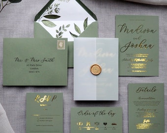 Wedding Invitation - Luxury Foiled Script. Gold, Silver or Rose Gold foil. Sage Green wedding invitation set, custom colours available