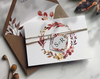 Autumn Wreath. Luxury Autumn Wedding Invitation. Fall wedding invites with floral wreath. Eucalyptus, twine