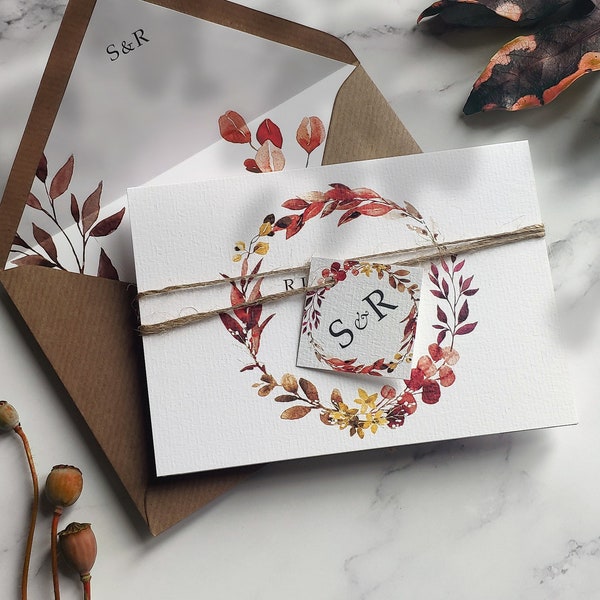 Autumn Wreath. Luxury Autumn Wedding Invitation. Fall wedding invites with floral wreath. Eucalyptus, twine