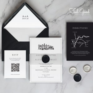 Black & White Venue Sketch wedding Invitation. Classic Black and white, monochrome wedding invitation set with custom venue illustration