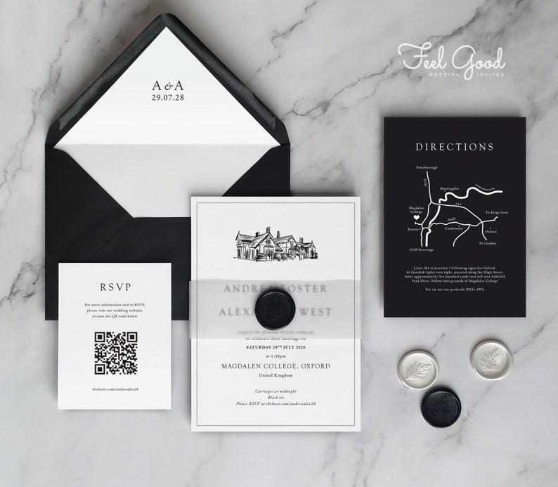 Black & White Venue Sketch wedding Invitation. Classic Black and white, monochrome wedding invitation set with custom venue illustration image 1