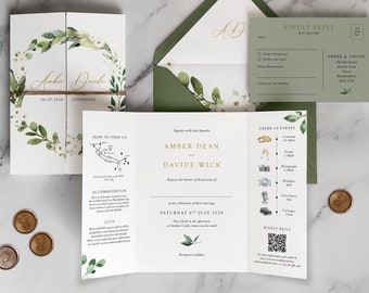 Pliegue de puerta de eucalipto. Invitación de boda de lujo. Invitaciones de boda verdes con línea de tiempo, código QR, mapa, vegetación y tarjeta con textura de lujo.