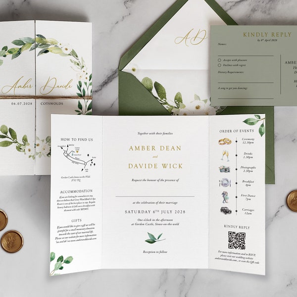 Eucalyptus Gate Fold. Luxury Wedding Invitation. Greenery Wedding Invites with timeline, QR code, map, greenery, luxury textured card.