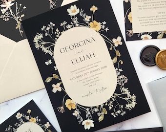 Black Wedding Invitation with Wildflowers, Modern Classic Design. 'Georgina' theme