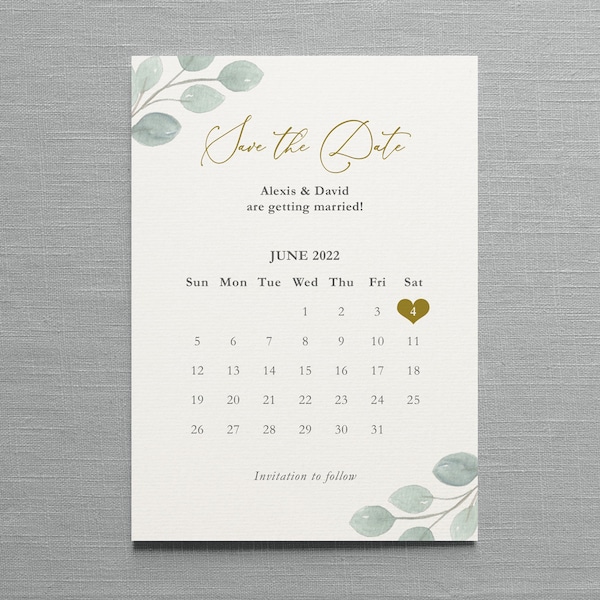 Calendrier d'eucalyptus faites gagner la date ou changez la date, la carte ou l'aimant. Mariage d'eucalyptus, mariage de verdure