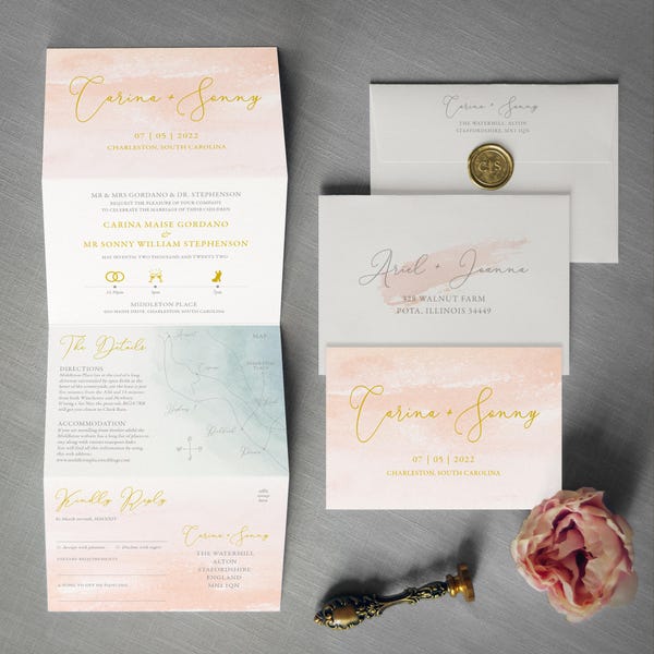 Wedding invitation - Bonbon Luxury Shimmer Concertina Wedding Invitations. Pink gold wedding invitation with timeline map. Wedding invites