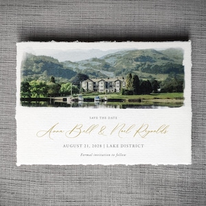 Pintura para el lugar de la boda. Reserva la fecha. Pintura personalizada en acuarela para el lugar. Acuarela para la reserva de fecha sobre cartulina texturizada de lujo.