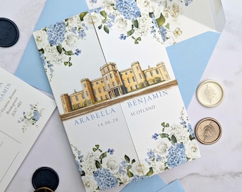 Arabella Blue Hydrangea Wedding Invitations. Blue Floral invitation Baby blue invites. Custom venue.