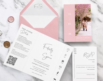 Dusty Pink, Christina Photo Gatefold Wedding Invitation - Folding invite with timeline. Monochrome wedding invitation set