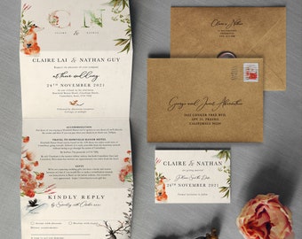 Rustic Concertina Wedding Invitation, Fox, Deer, Autumn, Save the Date. 'Once upon a time' theme