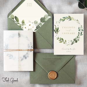 White Floral Wedding Invitation – Greenery Wreath, Eucalyptus. 'Amelia' design