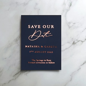 Navy Rosegold Foiled Save the date - Roségold, Silber oder Goldfolie. Navy, Blush, Rosegold farben. Andere Farben möglich