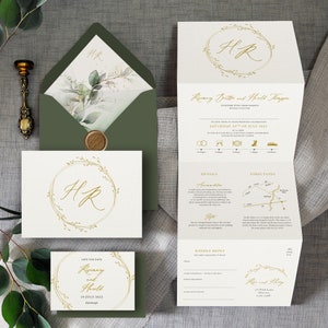 Goldkranz Concertina Luxus Trifold Hochzeitseinladungen & Save the Date oder ändern Sie das Datum. Rustikale Hochzeitseinladungen, Hochzeit lädt ein