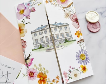 Hearne Wedding Invitations. Venue Sketch Wild Flowers Gatefold. Floral Wedding Invites, Illustration, Wildflower, QR code, Luxury card