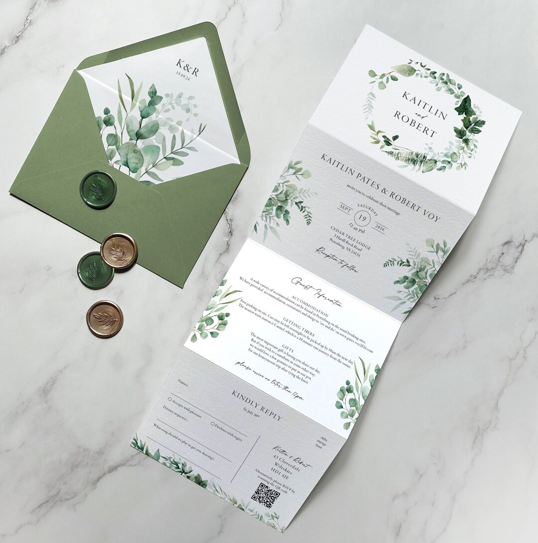 Greenery Concertina Trifold Wedding Invitations & Save the Date or