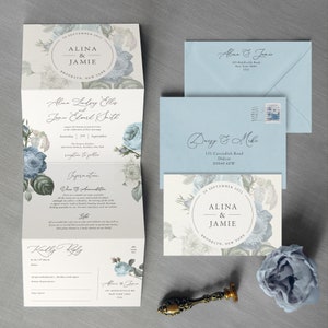 Alina - Dusty Blue, dusky blue, powder blue, Luxury Trifold Wedding Invitations & Save the Date. Rustic floral concertina wedding invites