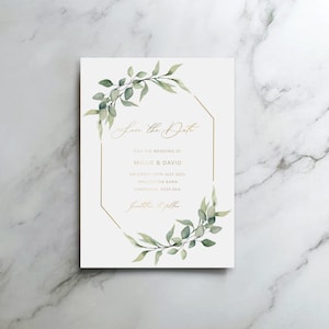 Wedding Invitation Foil & Greenery. Foliage wedding invites, Save the Date, bellyband, vellum Save the Date Card