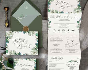 Sicily - Luxury Trifold Wedding Invitations & Save the Date or Change the date. Eucalyptus greenery wreath/hoop greenery wedding invites