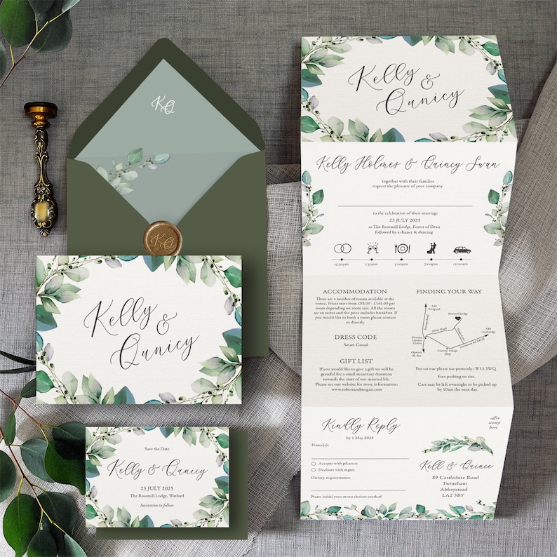 Sicily Luxury Trifold Wedding Invitations & Save the Date or Change the date. Eucalyptus greenery wreath/hoop greenery wedding invites image 1