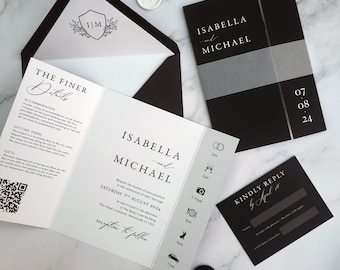 Black and White Gatefold Wedding Invitation - Folding invite with timeline. Vellum Bellyband wrap.  Monochrome wedding invitation set
