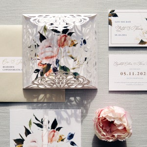 Fleur - Luxury Folding Wedding Invitations & Save the Date. Oil on Canvas floral wedding invites, wax seal, laser cut pocket fold