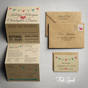 Vintage Girlande Kraftpapier Papierhochzeitseinladung. Festival Hochzeitseinladungen / Scheune / Tipi / Outdoor / Ticket / Rustikale Hochzeit lädt ein