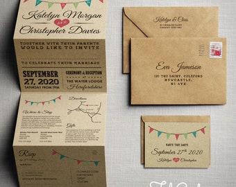 Vintage Bunting Kraft Concertina Wedding Invitation. Festival wedding invitations / Barn / Tipi / Outdoor / Ticket / Rustic wedding invites
