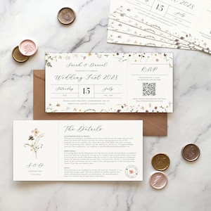 Festival Ticket Hochzeitseinladung auf perlmuttfarbener Karte, Gepresste Wildblumen Weddingfest Style Ticket, Floral Rosa Wildblumen Hochzeit lädt ein
