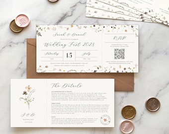 Festival Ticket Wedding Invitation on pearlised card, Pressed Wild Flowers Weddingfest Style Ticket, Floral Pink and Rustic wedding invites