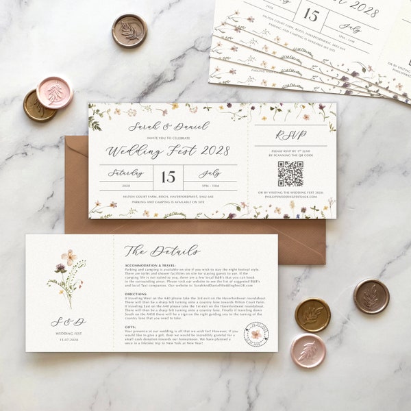 Festival Ticket Wedding Invitation on pearlised card, Pressed Wild Flowers Weddingfest Style Ticket, Floral Pink and Rustic wedding invites