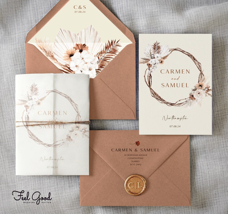 Wedding Invitation Dried Flowers. Bohemian Wedding Invitation. Etsy UK